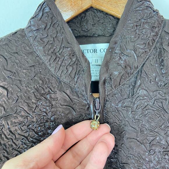 Victor Costa Evening Jacket Size 8 Chocolate Brown Crinkle Fabric Full Zip - Picture 3 of 11